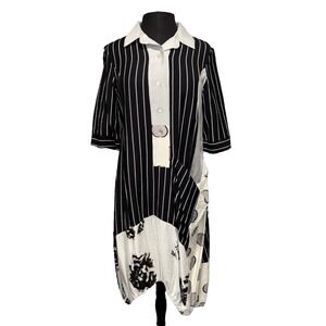 NWT Shana Apparel Patch‎ Shirt Collar Dress XS Black White Lagenlook Artsy Boho